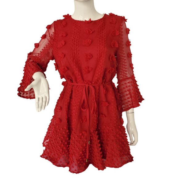 Entro USA Dresses & Skirts - Entro Flared Skirt Short Red Party Dress Sheer Swiss Dot Long Slv Womens Med NWT